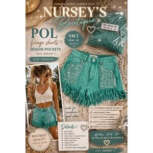 POL Teal Fringe Shorts Sequin Pockets Boho Festival NWT Medium